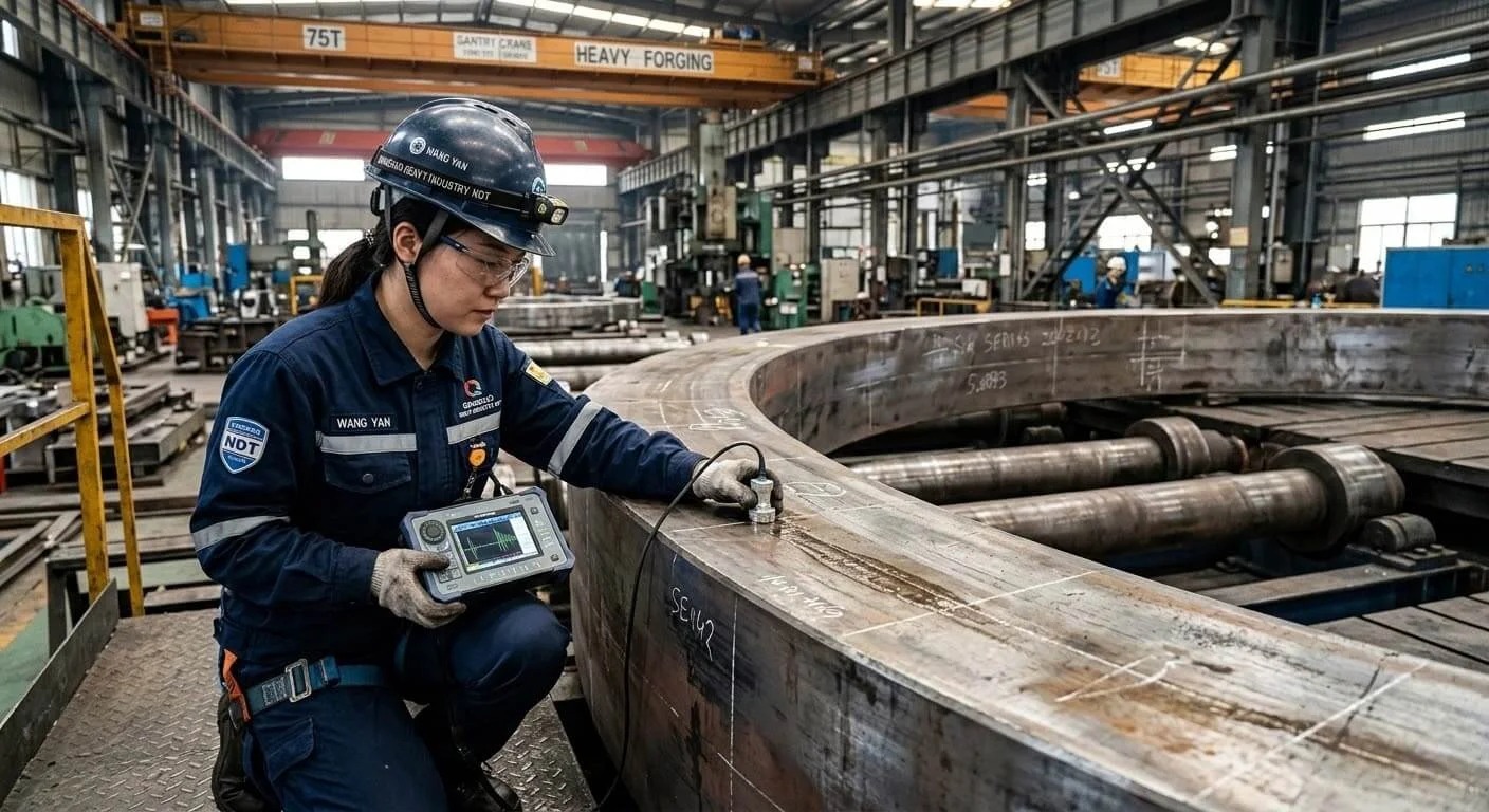 [Image: 专业技术人员正在对大型环轧件进行超声波探伤UT]